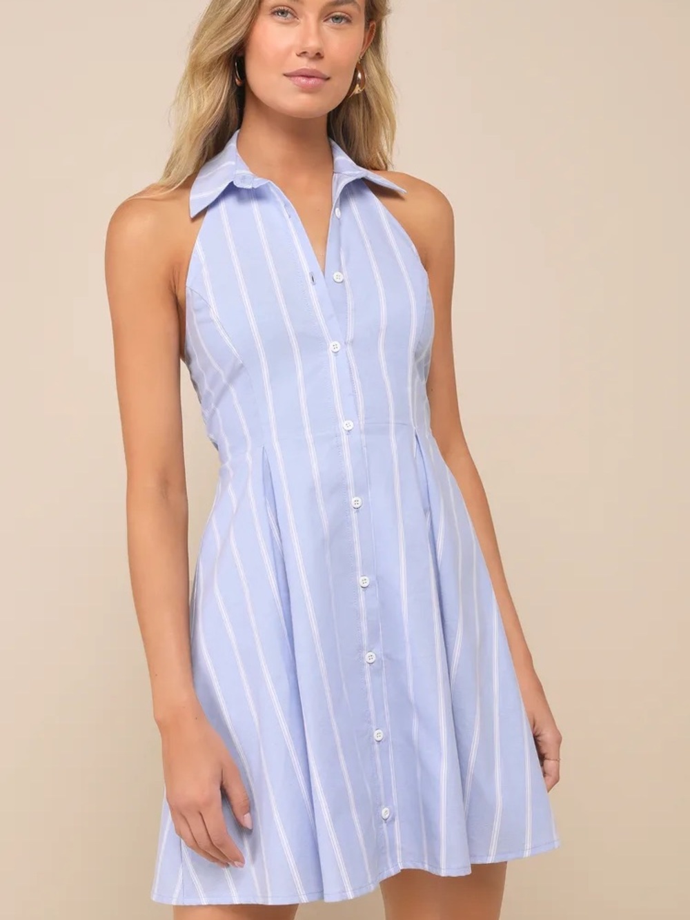 Lulus Striped Collared Halter Mini Skater Dress
